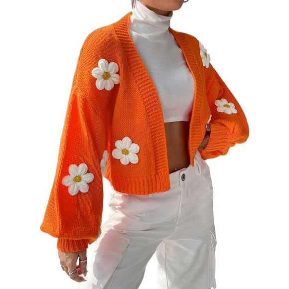 Orange Strawberry Print V-Neck Colorblock Cardigan